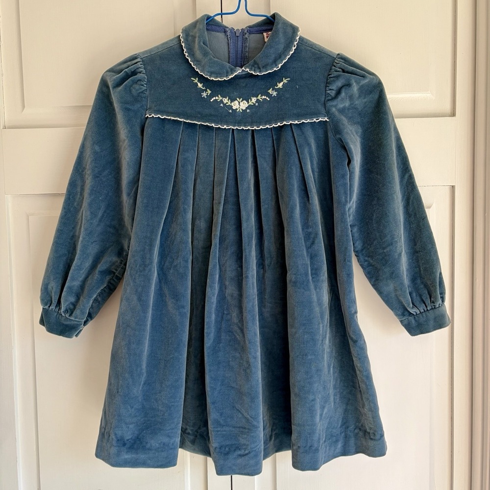 Vintage Girls Blue Velvet Dress Size 6X Embroidery Peter Pan Collar USA